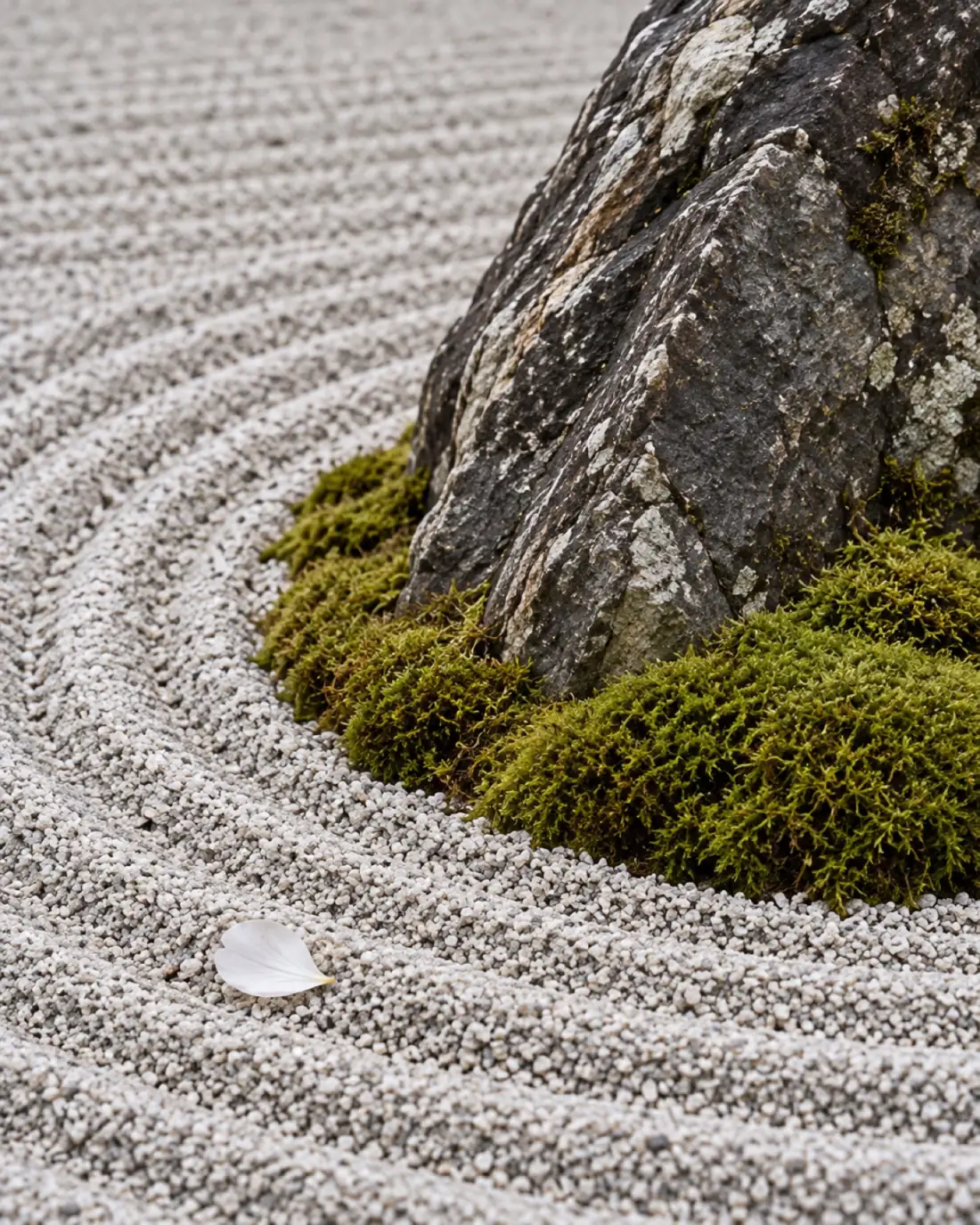 A weathered stone with a cushion of moss, raked gravel curving around it